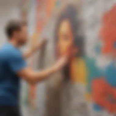 An artist applying a vibrant poster to a textured wall