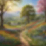 Vibrant depiction of spring flowers blooming in a sunny landscape
