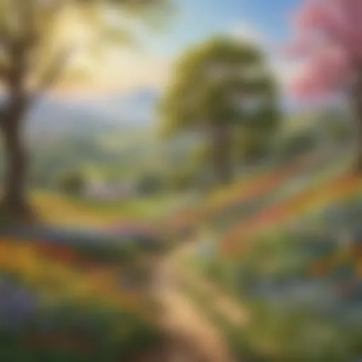 Vibrant depiction of spring flowers blooming in a sunny landscape