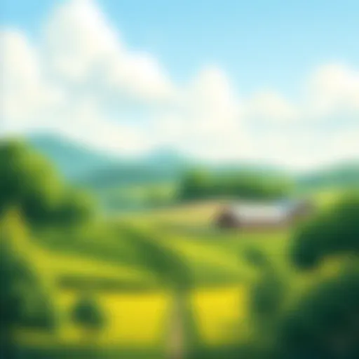 A lush green farm landscape under a clear sky