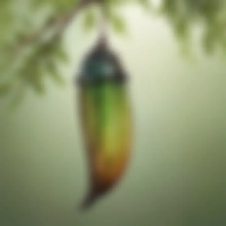A chrysalis hanging from a twig, illustrating transformation