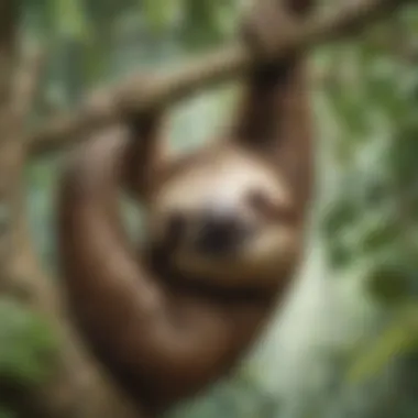 A close-up of a sloth clinging to a tree branch