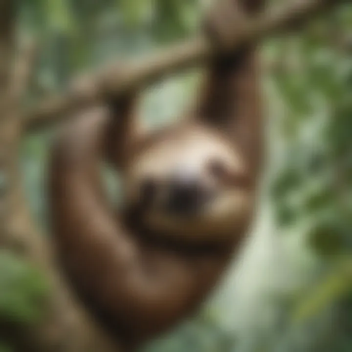 A close-up of a sloth clinging to a tree branch