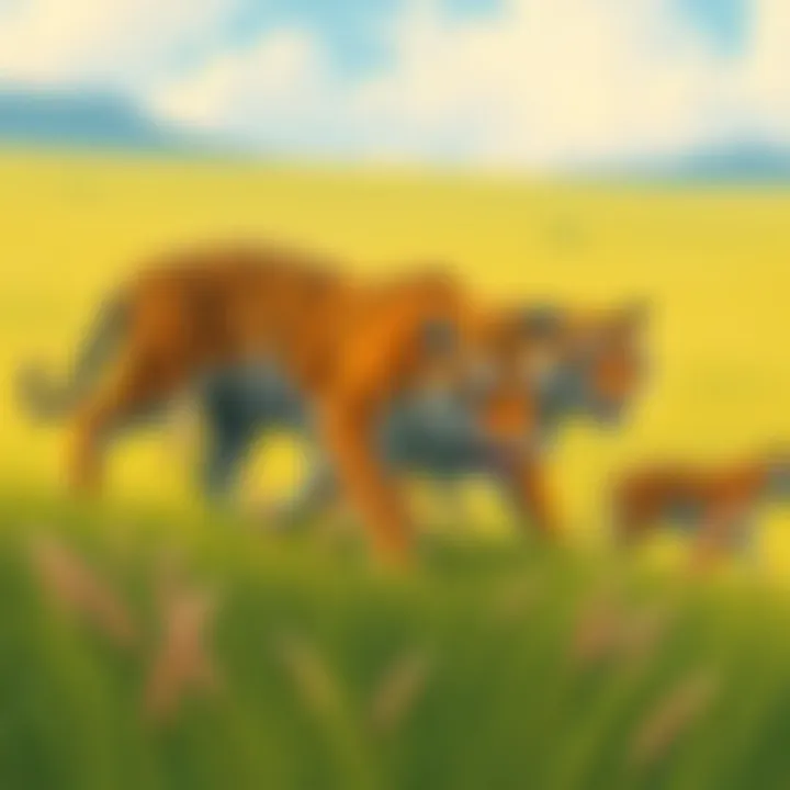 Tigers prowling through a vast grassland landscape