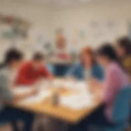 A creative writing teacher engaging with students in a workshop setting