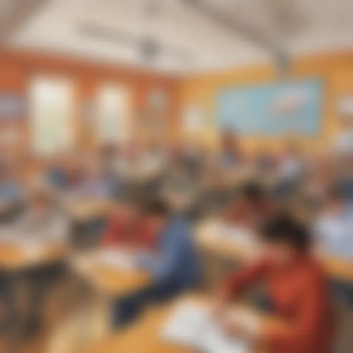 A classroom filled with students immersed in writing exercises under the guidance of a teacher