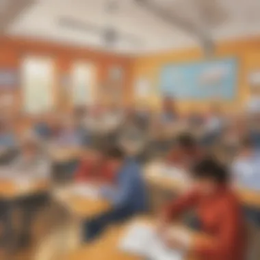 Immersive Writing Exercises A classroom filled with students immersed in writing exercises under the guidance of a teacher