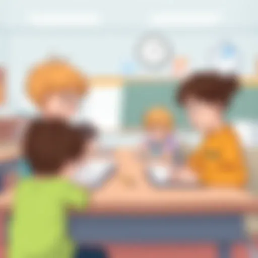 Illustration of children engaging with division worksheets in a classroom setting