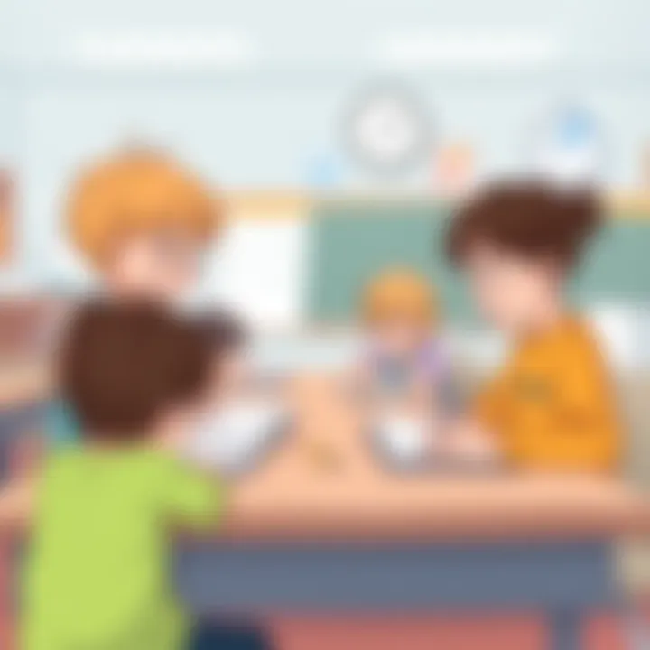 Illustration of children engaging with division worksheets in a classroom setting