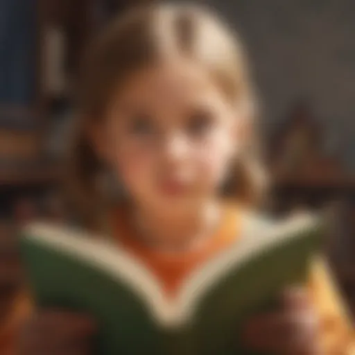 A child immersed in a book with a questioning expression.