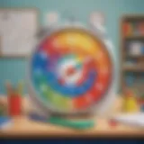 Colorful analog clock in a classroom setting