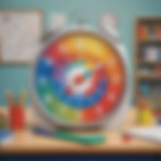 Colorful analog clock in a classroom setting