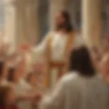 A depiction of Jesus teaching in the temple, showcasing his youthful wisdom and authority.