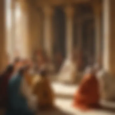 Scholars and elders in discussion, reflecting the intellectual environment of the temple.