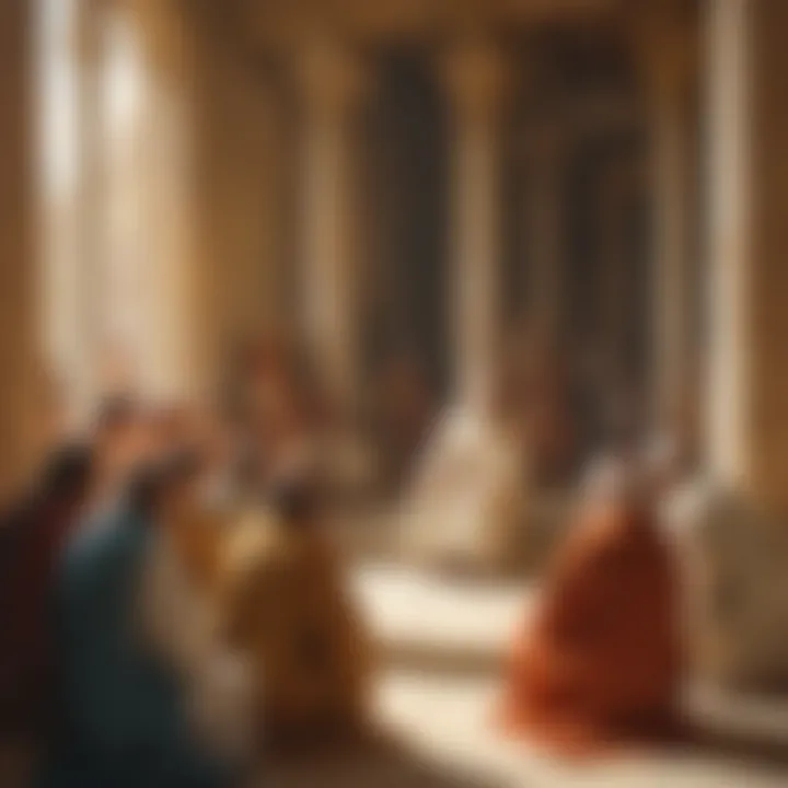 Scholars and elders in discussion, reflecting the intellectual environment of the temple.