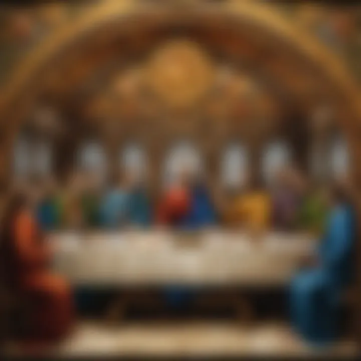 An intricately designed stained glass window depicting the Last Supper