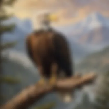 The Strength of the Bald Eagle in Nature Bald eagle perched on a tree branch against a backdrop of mountains