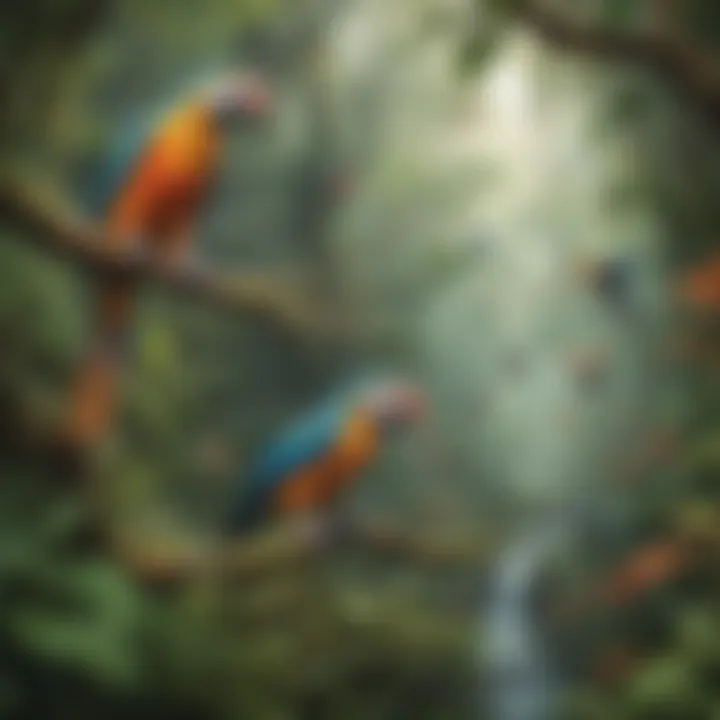 Colorful rainforest wildlife in their natural habitat