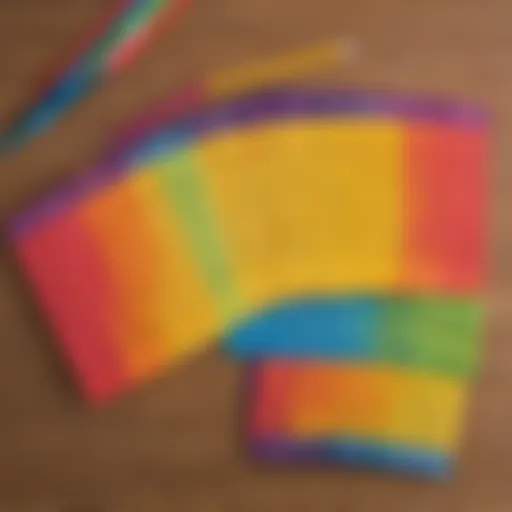 Colorful multiplication flashcards laid out on a table