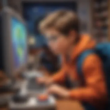 Boy exploring interactive educational game on computer