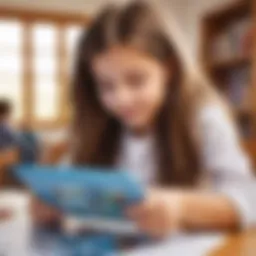 Young girl playing educational game on tablet