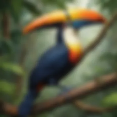 Vibrant Toucan perched on a tree branch in the rainforest