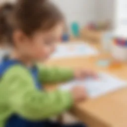 Child engaged in letter tracing activity with colorful worksheets