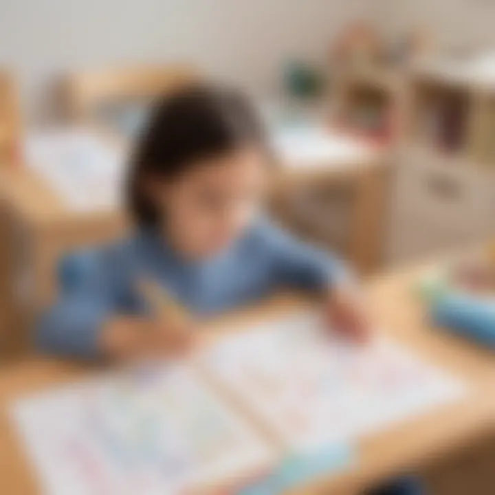 Preschool classroom showcasing various letter tracing worksheets on display