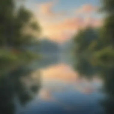 Serene Reflections A tranquil lake mirroring the sky, symbolizing inner peace and contemplation