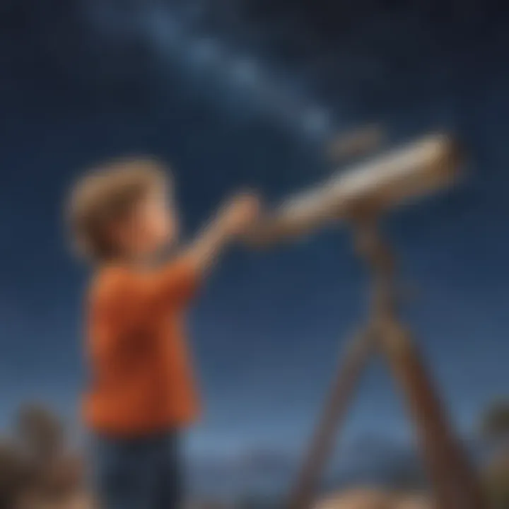 A child observing stars through a telescope, emphasizing scientific exploration.