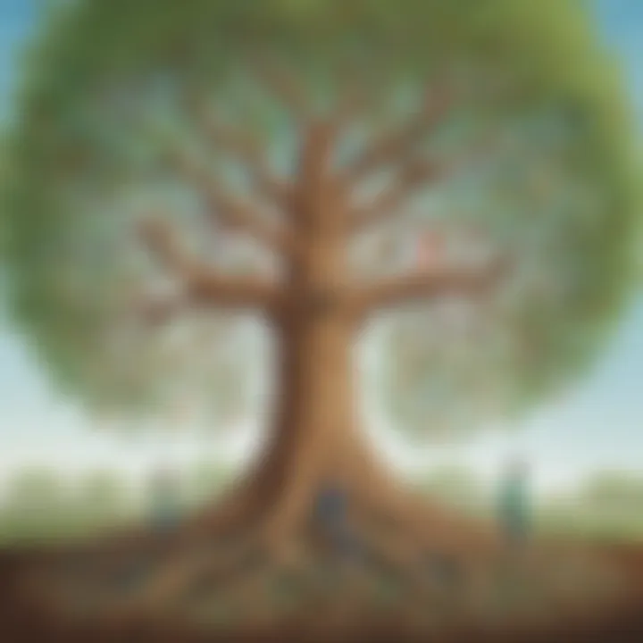 Tree growing with interconnected roots symbolizing community support