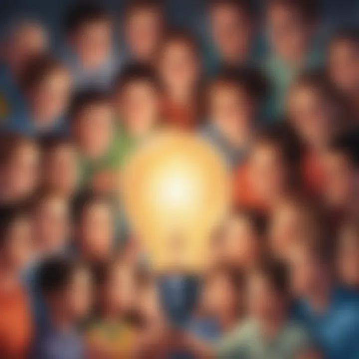Light bulb illuminating diverse group of individuals