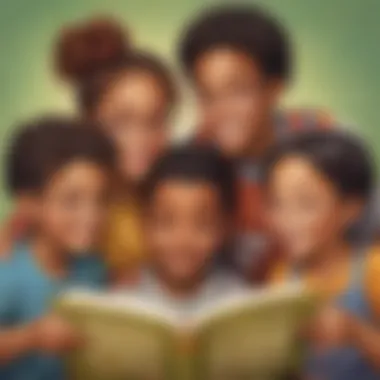 Illustration of a group of diverse children sharing a book