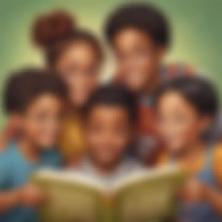 Illustration of a group of diverse children sharing a book