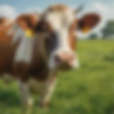 The Significance of Cows in Agriculture Close-up of a cow grazing peacefully in a lush green field
