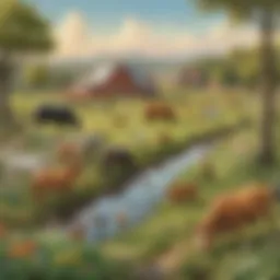 A serene farm landscape showcasing various animals in their natural habitats