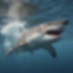 Great white shark gliding through clear waters, showcasing its powerful physique.