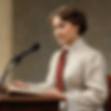 Helen Keller speaking at a podium, representing her advocacy for disability rights.