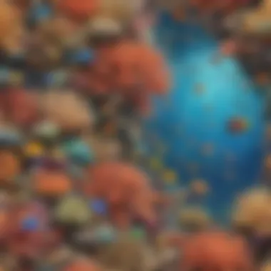 A vibrant coral reef teeming with various instinctive marine life, illustrating diverse behaviors.