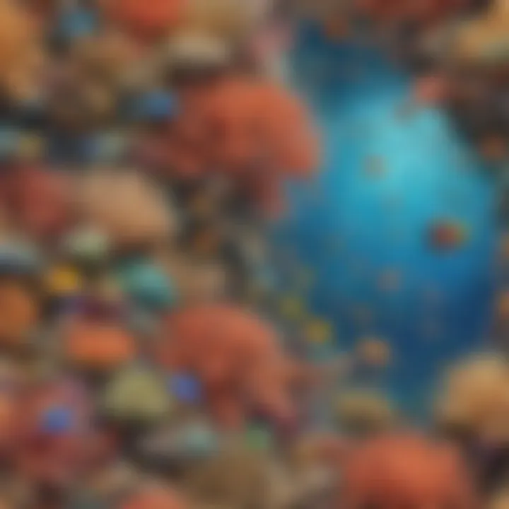 A vibrant coral reef teeming with various instinctive marine life, illustrating diverse behaviors.