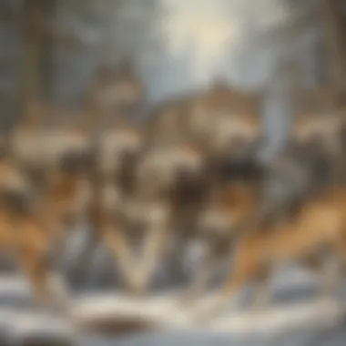 A pack of wolves collaborating during a hunt, demonstrating social instincts and teamwork.