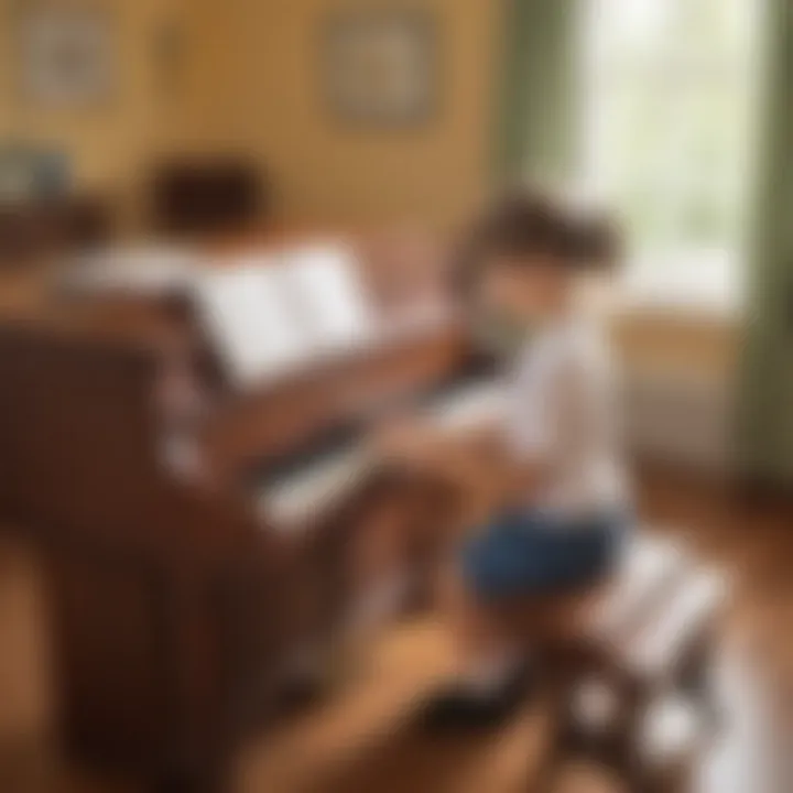 Child learning piano with labeled keys in a classroom setting