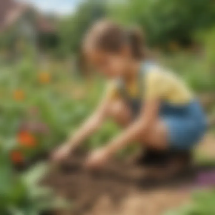 Illustration of a child planting seeds in a garden with care