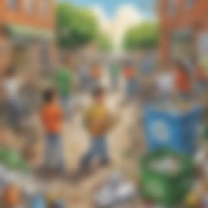Cartoon depiction of children engaging in recycling activities