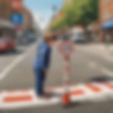 A child observing road signs while crossing the street