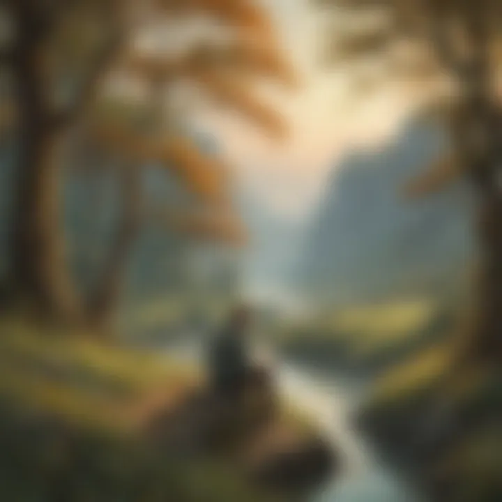 A serene landscape with a solitary figure writing in a notebook