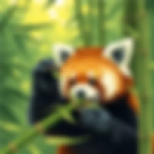 A red panda feasting on bamboo shoots in a lush environment