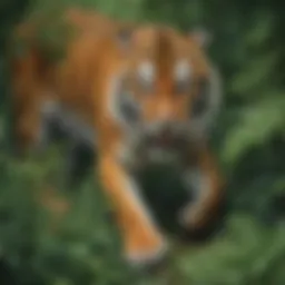 A majestic tiger prowling through dense foliage, showcasing its hunting prowess.