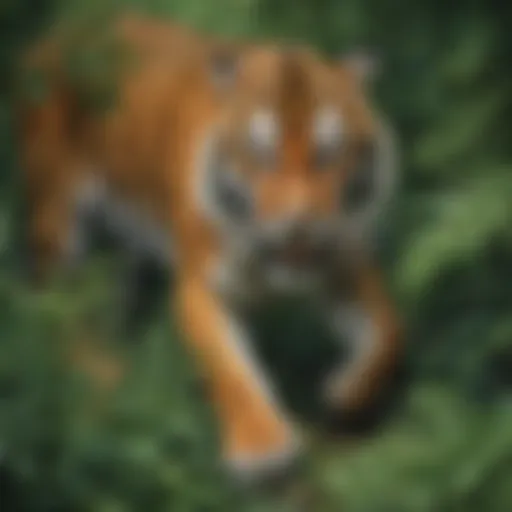 A majestic tiger prowling through dense foliage, showcasing its hunting prowess.