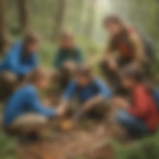 A diverse group of children engaging in outdoor survival skills, showcasing teamwork and problem-solving.